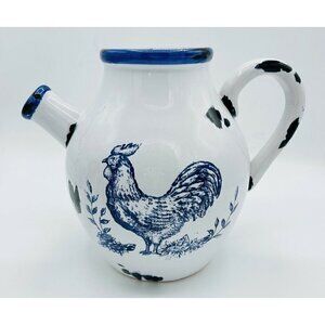 Maxcera White Pitcher w Blue Rooster 8.5'' Pottery Vase Distressed Enamel Look